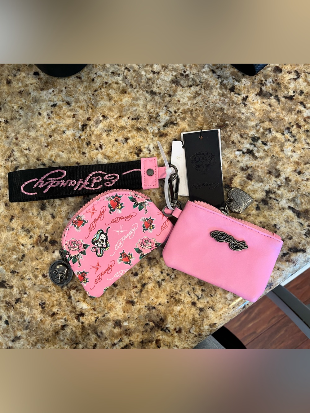 Ed Hardy Pink Floral Skull Coin Card Pouches with Logo Wrist Strap Wristlet